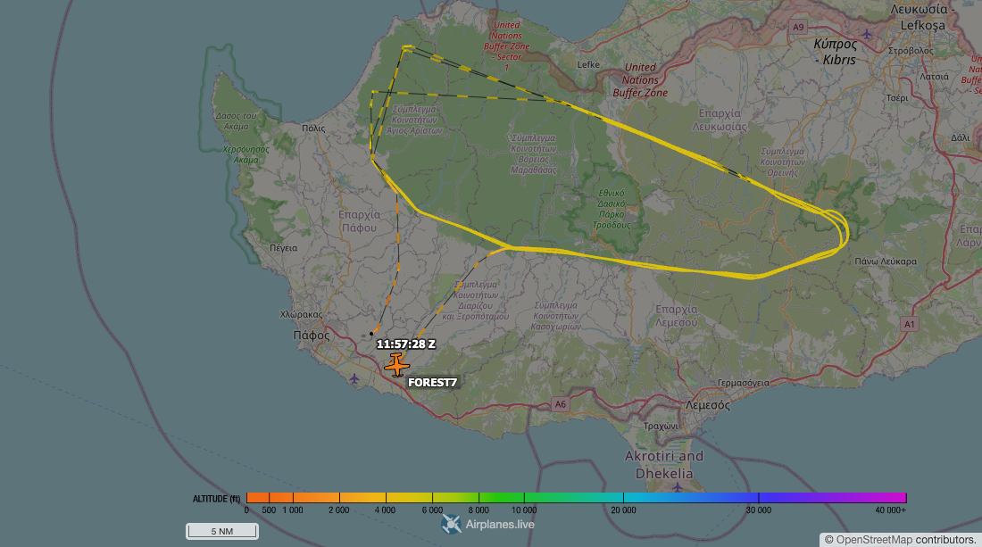 Aircraft tracking map accompanying “Four flags over the Troodos fire”