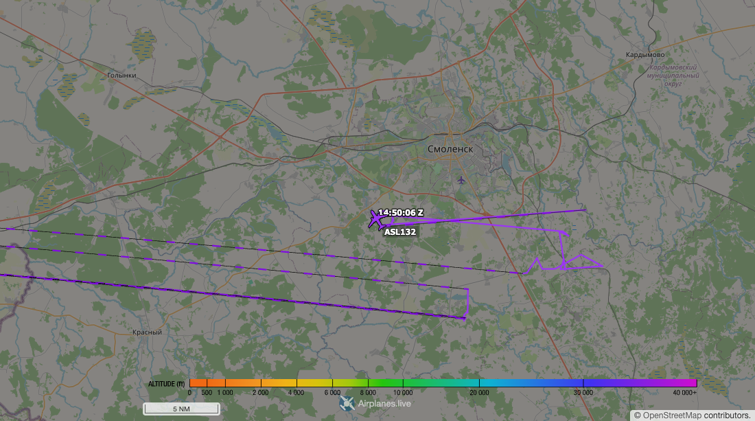 Aircraft tracking map accompanying “Something near Smolensk is teleporting airliners”