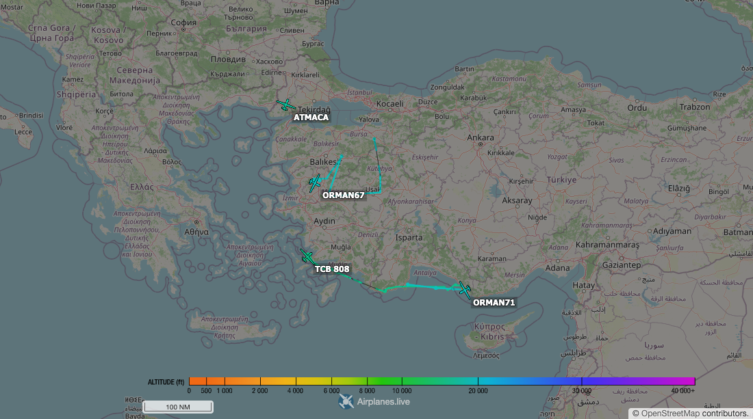 Aircraft tracking map accompanying “Turkey's drone fire-watch, all five towers manned”