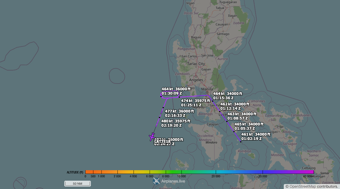 Aircraft tracking map accompanying “Global 6500 repeats offshore circuits west of Luzon”