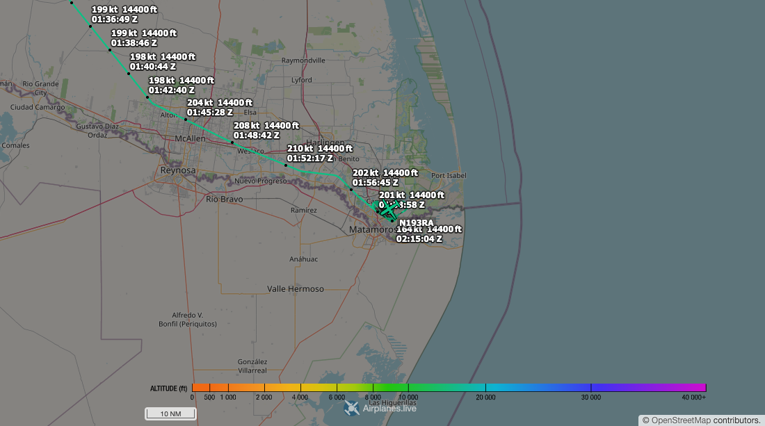 Aircraft tracking map accompanying “Recurring border orbits over Brownsville”