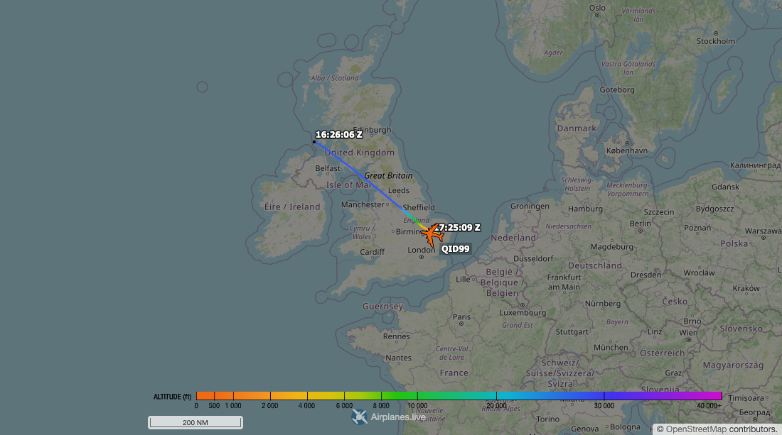 Aircraft tracking map accompanying “KC-135 declares an emergency over the Irish Sea, home safe at Mildenhall”