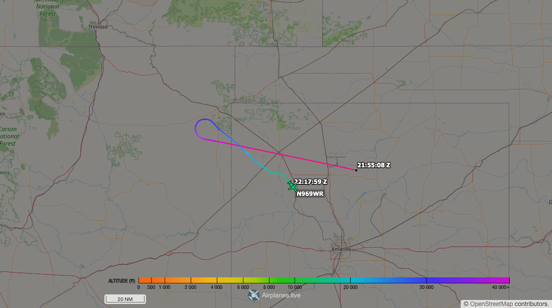Aircraft tracking map accompanying “Gulfstream G280 declares an emergency and dives for Amarillo”